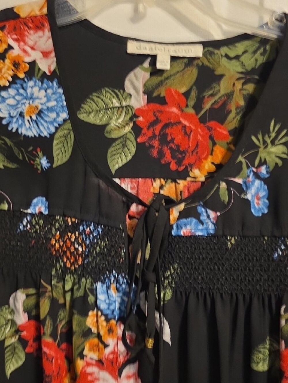 Daniel Rainn Black Floral Smocked Babydoll Tunic with Multicolor Blooms - Picture 3 of 6